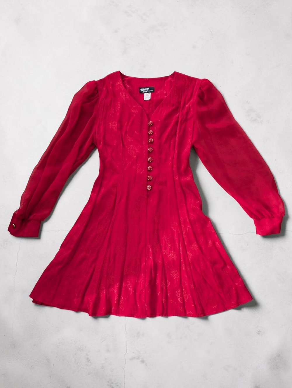 Vintage Dawn Joy Fashions Red Long Sleeve Hour Glass Sheer Long Sleeves Tie Back